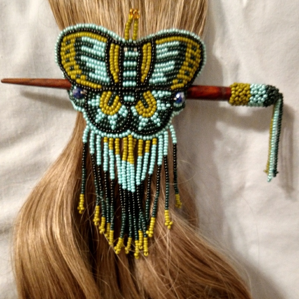 Butterfly Hair Slide/Stick; Aqua, Black & Sage